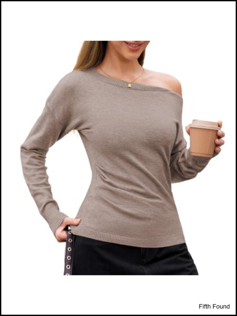 Off Shoulder Boat Neck Sweater Long Sleeve Ruched Slim Fit Knit Top